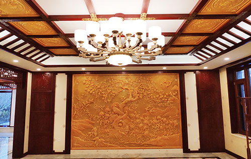 临泉中式别墅客厅中式木作横梁吊顶装饰展示