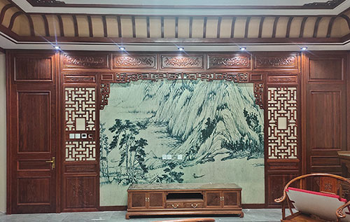 临泉中式仿古别墅客厅背景墙花格木作装饰